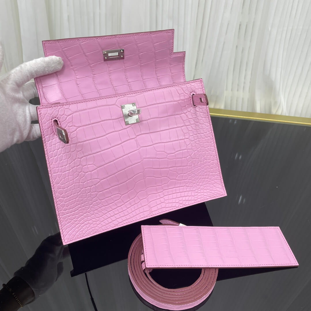 Imported American crocodile matte belly Kelly Danse cherry blossom pink dance bag size; 22X17X7๐