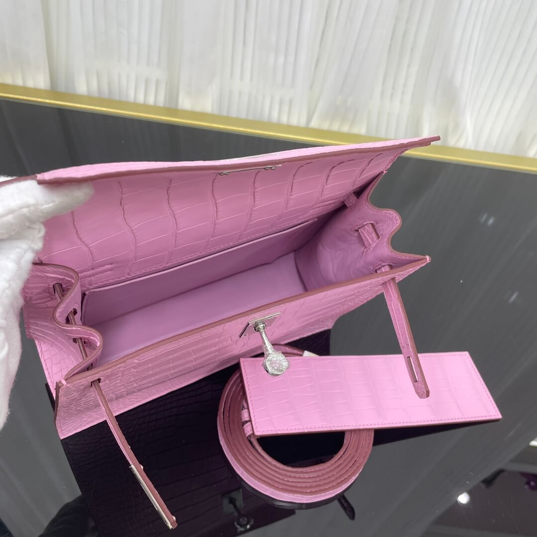 Imported American crocodile matte belly Kelly Danse cherry blossom pink dance bag size; 22X17X7๐