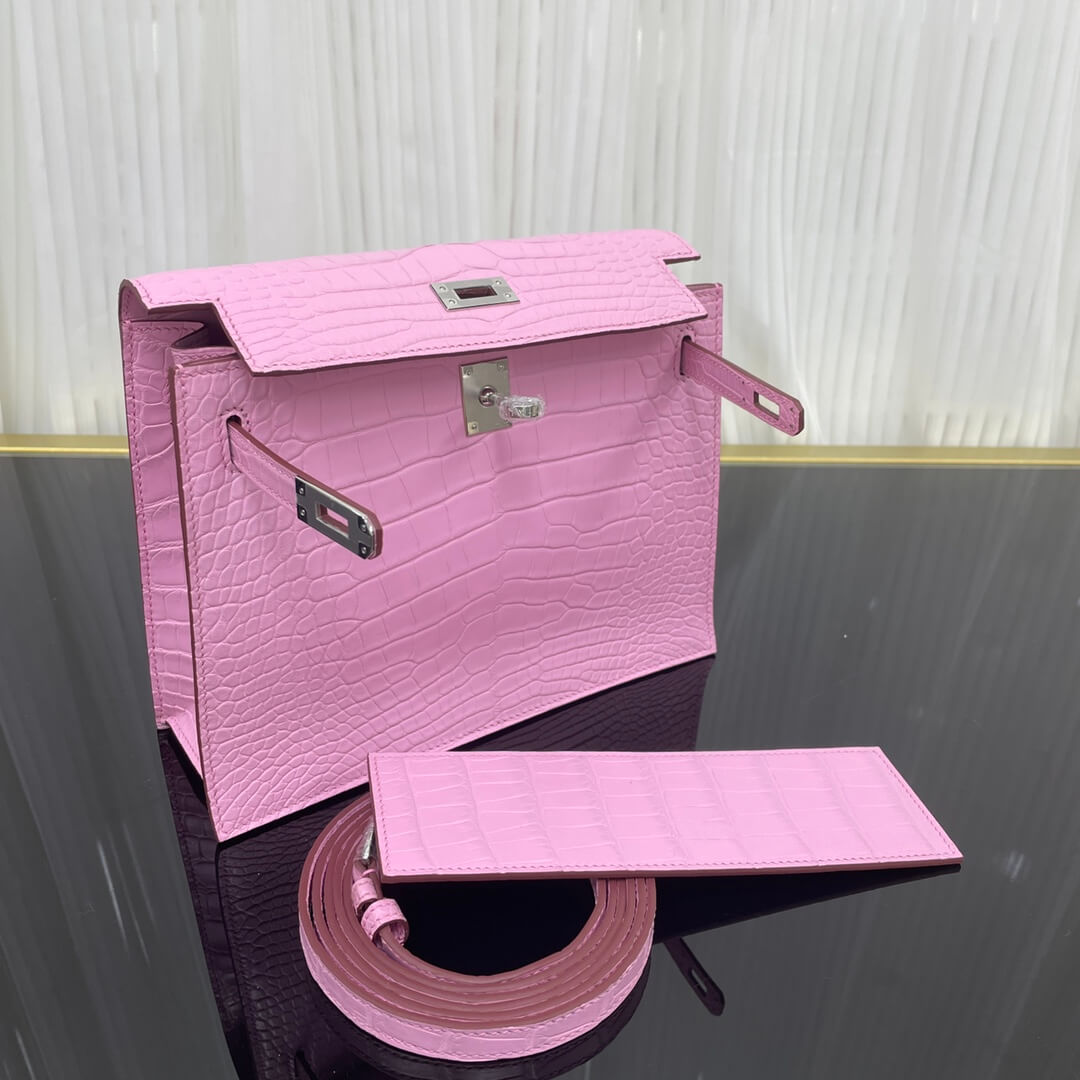 Imported American crocodile matte belly Kelly Danse cherry blossom pink dance bag size; 22X17X7๐