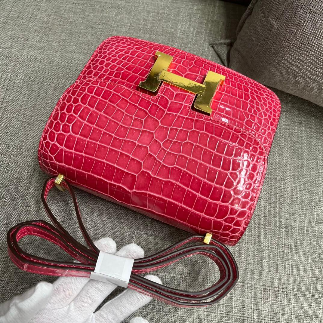 Imported HCP glossy crocodile Kangkang 19cm, extreme pink hand-stitched wax thread💕
