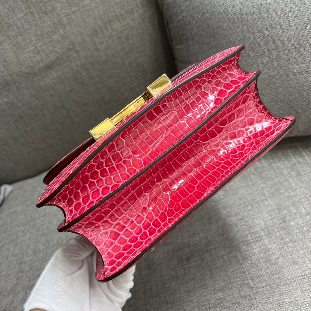 Imported HCP glossy crocodile Kangkang 19cm, extreme pink hand-stitched wax thread💕