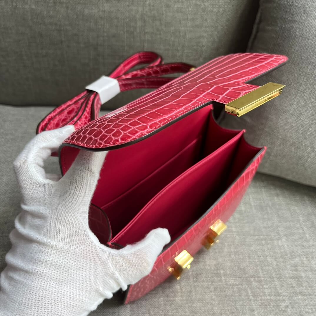 Imported HCP glossy crocodile Kangkang 19cm, extreme pink hand-stitched wax thread💕