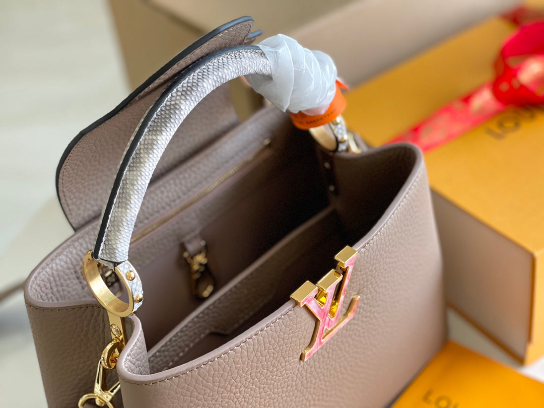 【Premium boutique original leather M21166💋 M21165 elephant gray with exotic sand snake shell buckle】