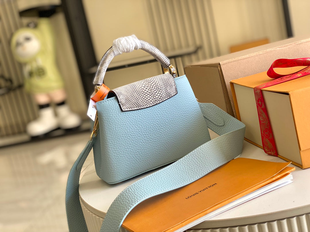 【Premium boutique original leather 💋 M21166 haze blue with exotic sand snake shell buckle】
