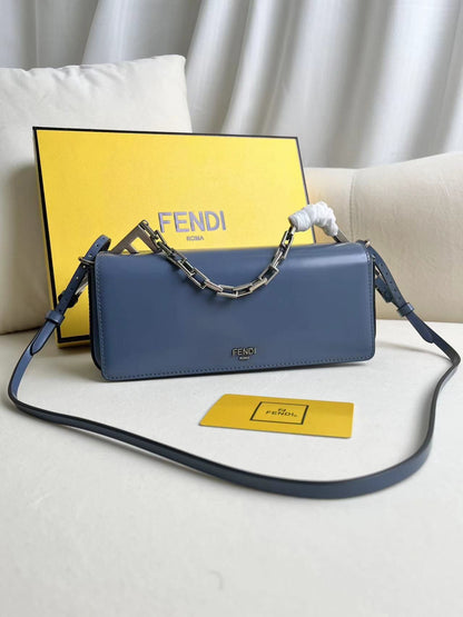 First Sight clutch in smooth calfskin with large F metal hardware and chain