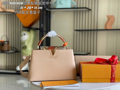 [Premium boutique original leather M81408💋M81410 beige with python gold buckle]