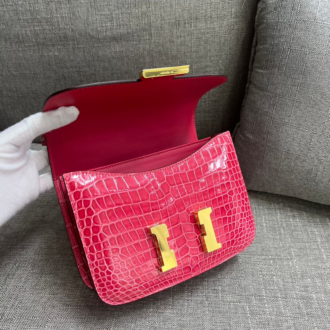 Imported HCP glossy crocodile Kangkang 19cm, extreme pink hand-stitched wax thread💕