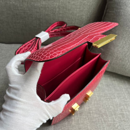 Imported HCP glossy crocodile Kangkang 19cm, extreme pink hand-stitched wax thread💕