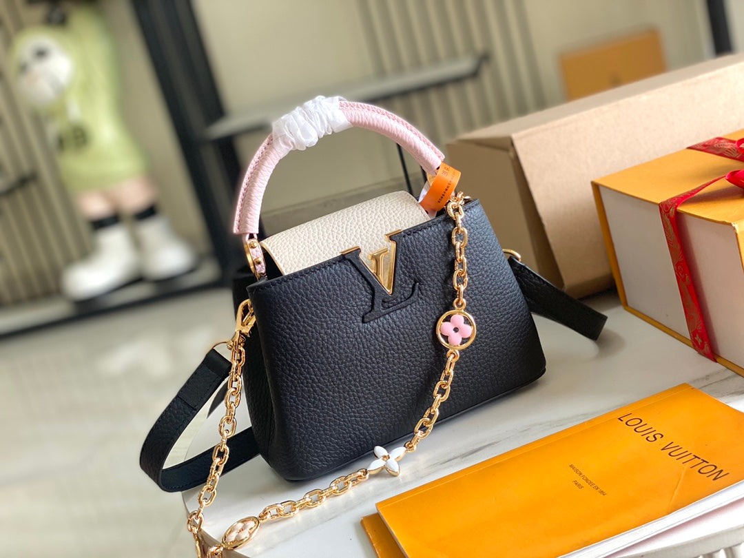 [Premium boutique original leather 💋M20845 black with light cherry pink flowers three combinations]