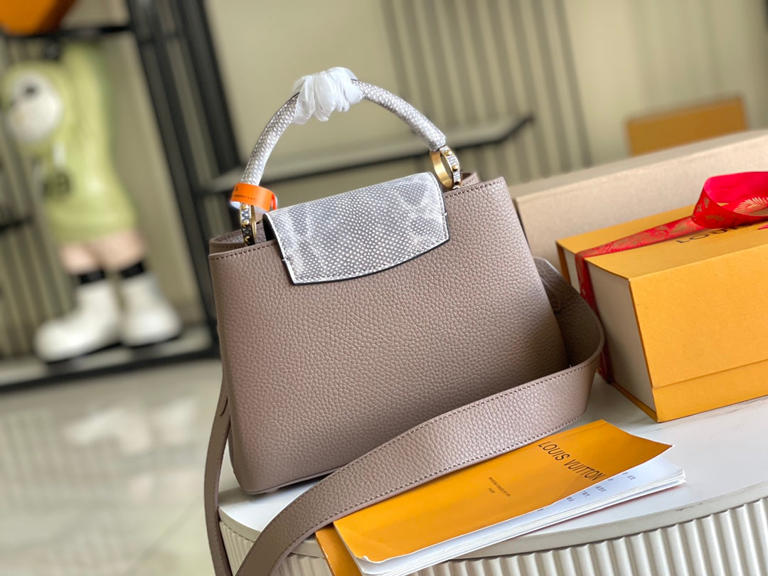 【Premium boutique original leather M21166💋 M21165 elephant gray with exotic sand snake shell buckle】