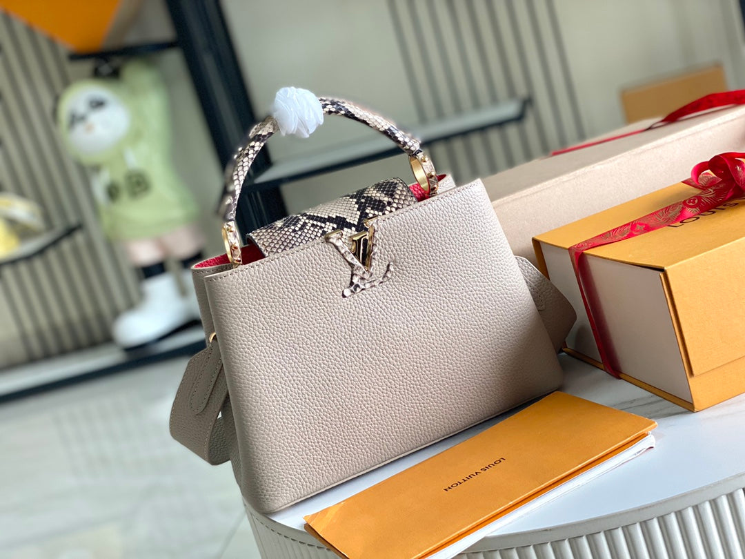 Premium with a full set of packaging 【Premium boutique original leather M80931💋N80741 elephant gray red with light brown python gold buckle inside】