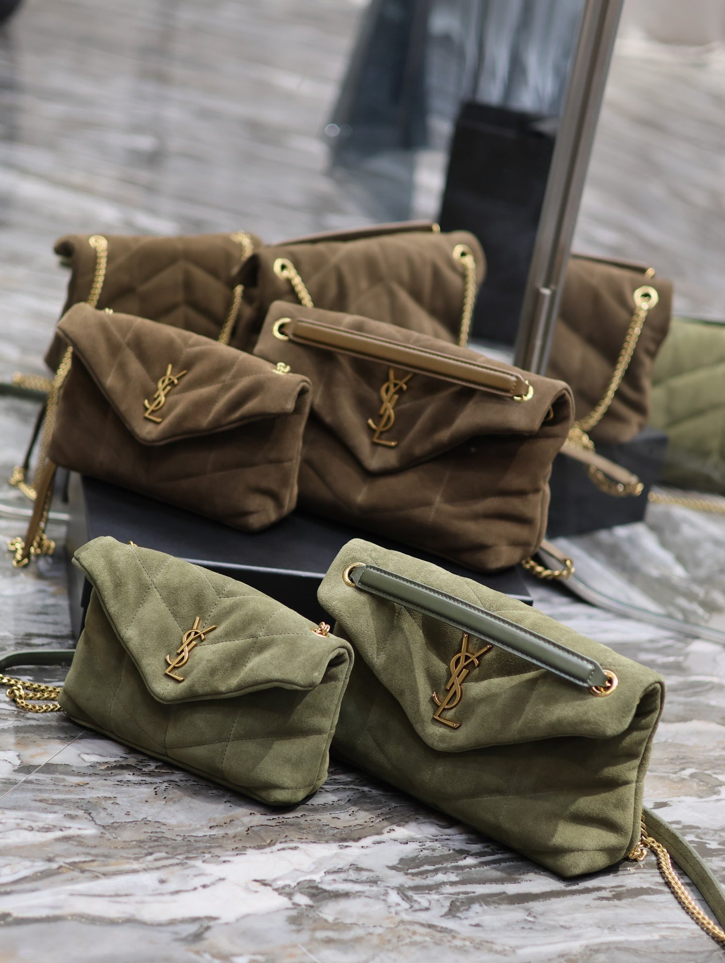 Loulou puffer_ Coffee/Army Green Gold Buckle Nubuck Leather