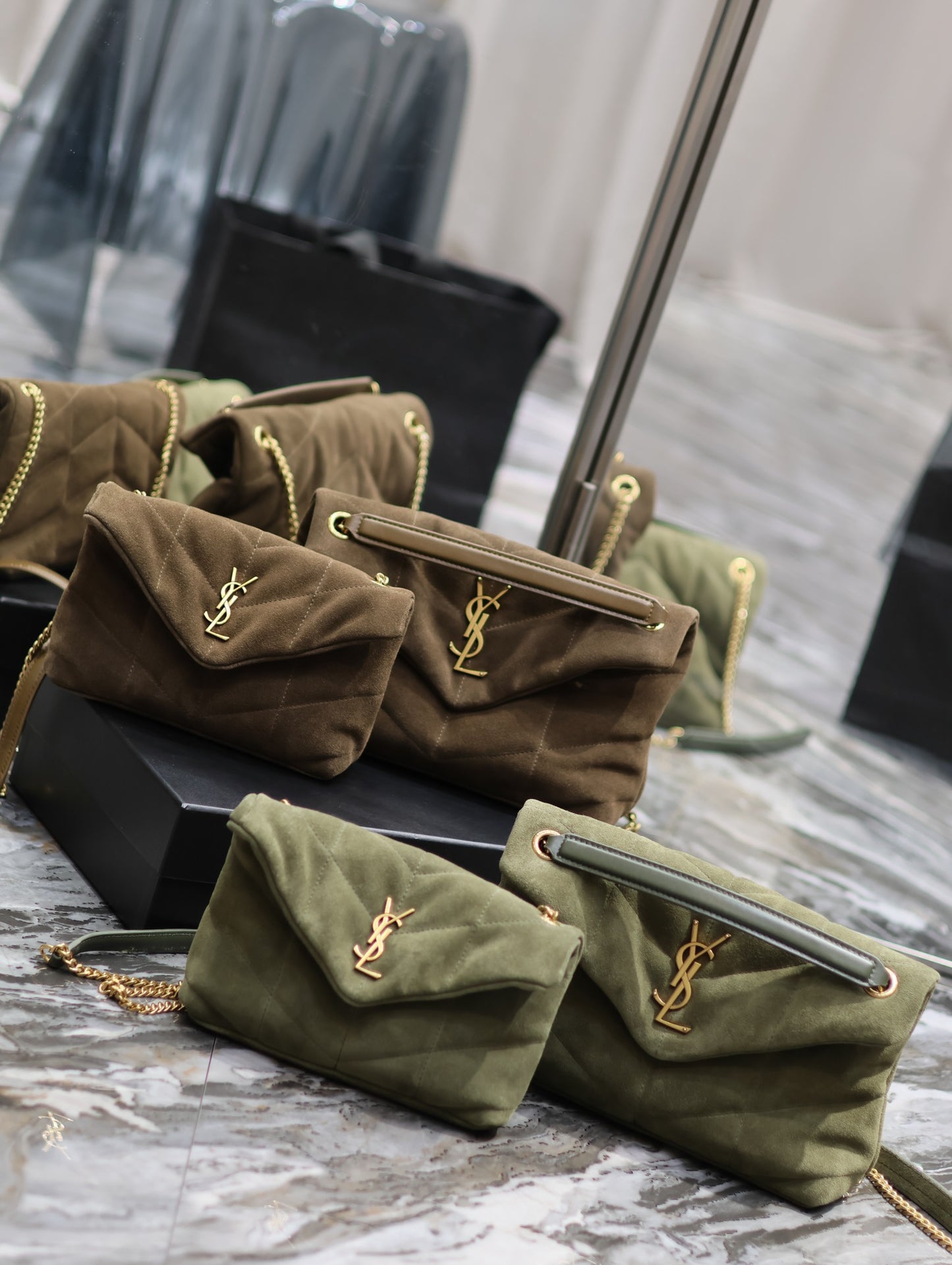 Loulou puffer_ Coffee/Army Green Gold Buckle Nubuck Leather