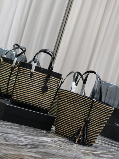 Shopping bag/bucket tassel bag_ Black apricot stripe gold buckle with leather