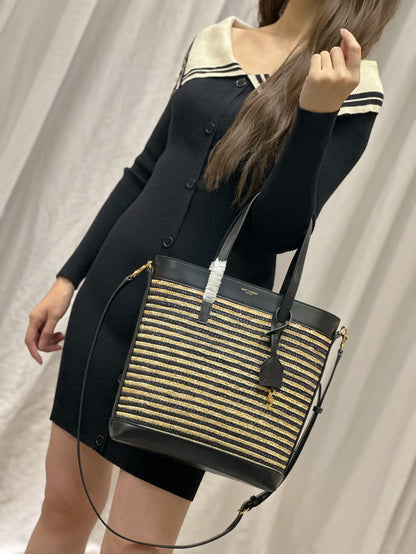 Shopping bag/bucket tassel bag_ Black apricot stripe gold buckle with leather